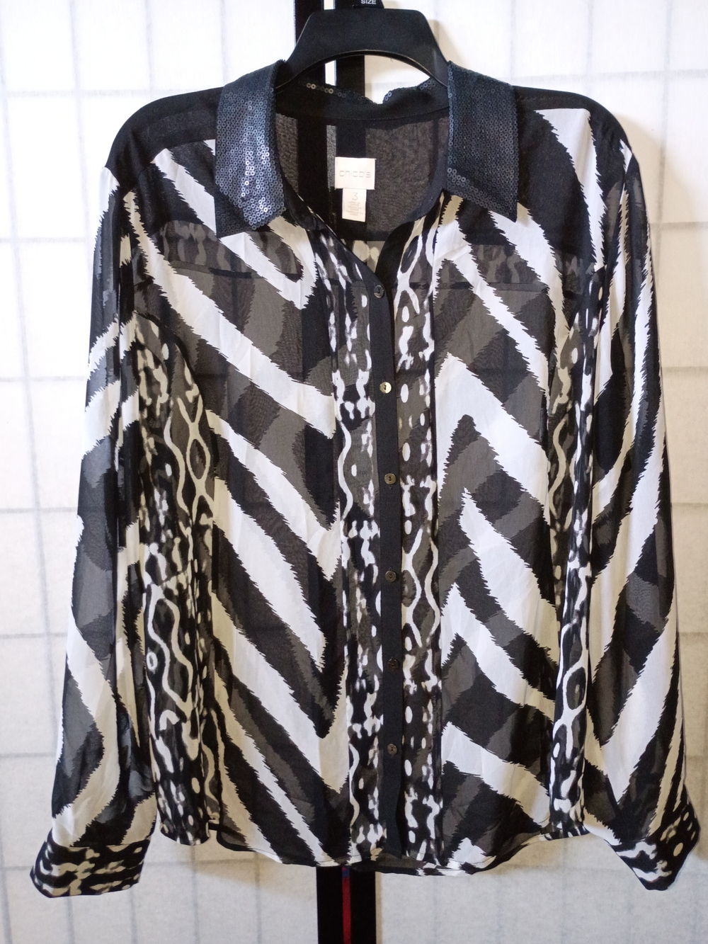 Chico's Black and White Patterned Blouse with Sequin Trim
